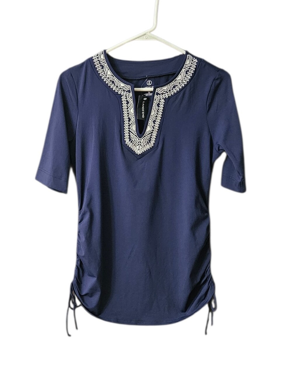 Lands' End Rash Guard Swim Top Embroidered Adjustable Sides Small Navy READ